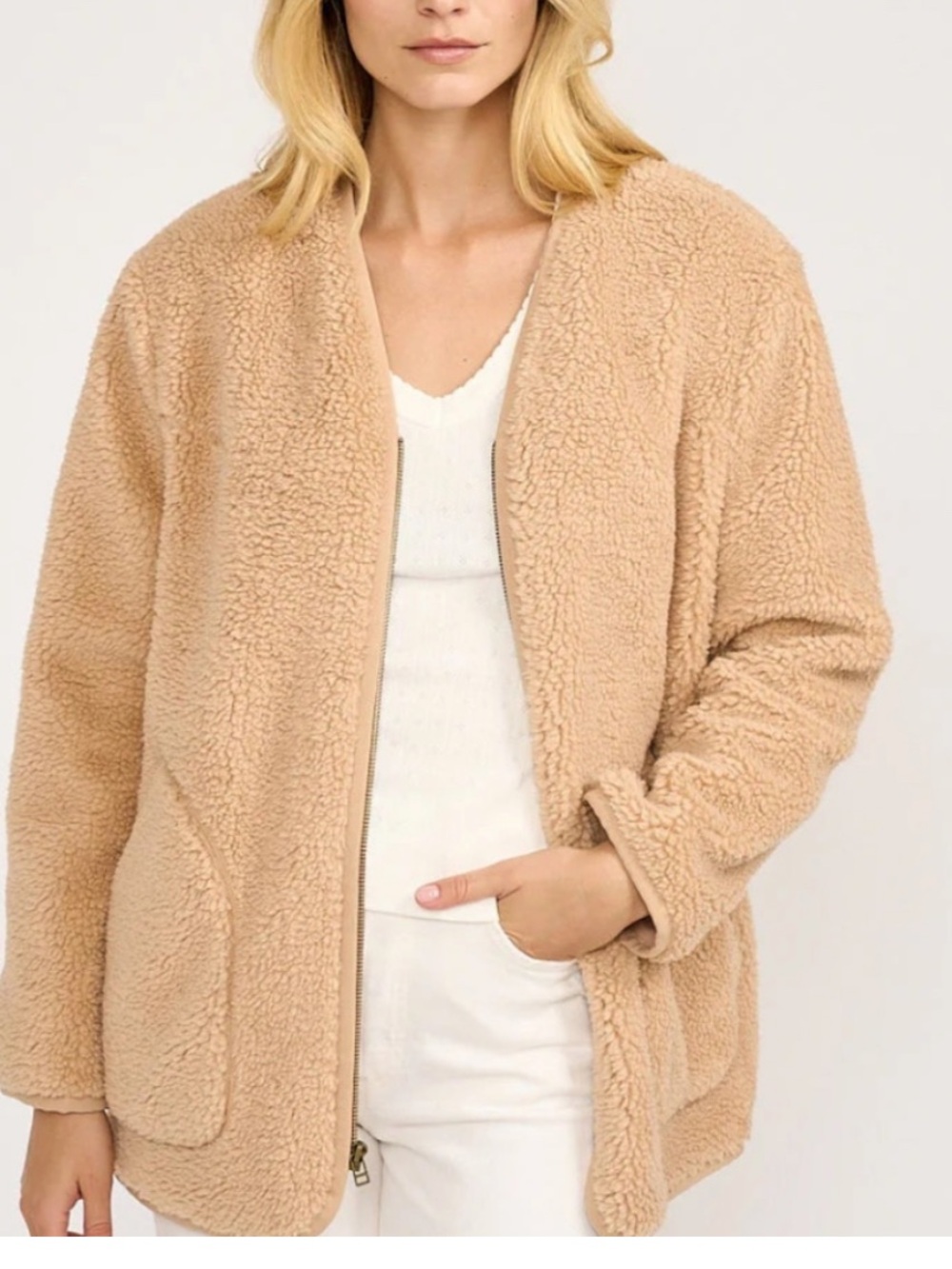 MAREA by Liz Joy Sherpa Barn Jacket Camel Zip Up Size Large
